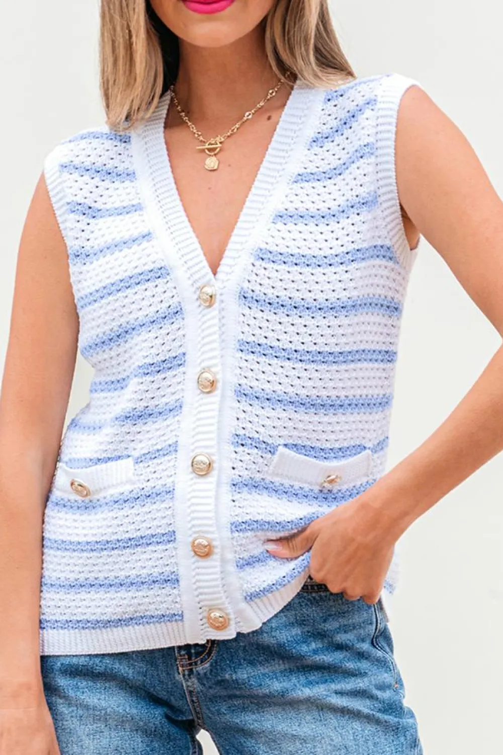 Discount Dear-Lover V Neck Gold Buttons Elegant Sweater Vest Sky Blue Stripe