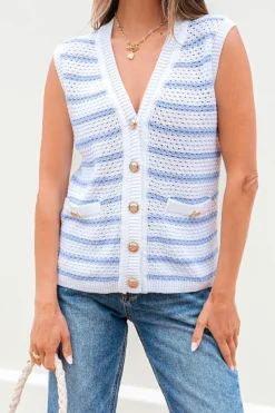 Discount Dear-Lover V Neck Gold Buttons Elegant Sweater Vest Sky Blue Stripe