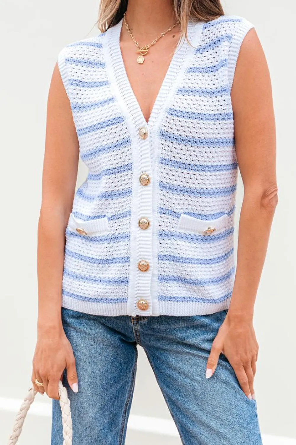 Discount Dear-Lover V Neck Gold Buttons Elegant Sweater Vest Sky Blue Stripe