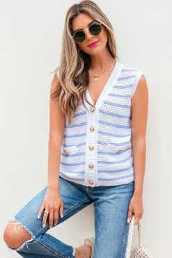 Discount Dear-Lover V Neck Gold Buttons Elegant Sweater Vest Sky Blue Stripe