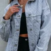Hot Dear-Lover Washed Oversize Pocketed Denim Jacket Sky Blue Stripe