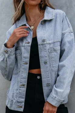Hot Dear-Lover Washed Oversize Pocketed Denim Jacket Sky Blue Stripe