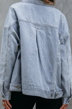 Hot Dear-Lover Washed Oversize Pocketed Denim Jacket Sky Blue Stripe