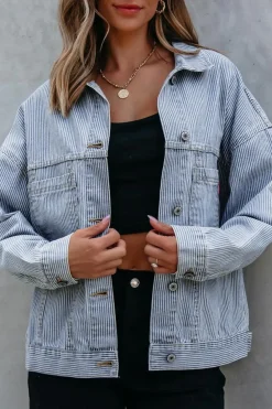Hot Dear-Lover Washed Oversize Pocketed Denim Jacket Sky Blue Stripe