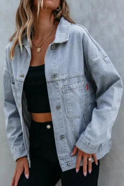Hot Dear-Lover Washed Oversize Pocketed Denim Jacket Sky Blue Stripe