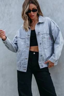 Hot Dear-Lover Washed Oversize Pocketed Denim Jacket Sky Blue Stripe