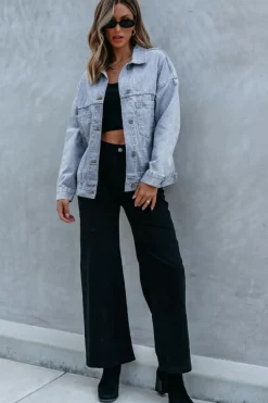 Hot Dear-Lover Washed Oversize Pocketed Denim Jacket Sky Blue Stripe
