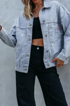 Hot Dear-Lover Washed Oversize Pocketed Denim Jacket Sky Blue Stripe
