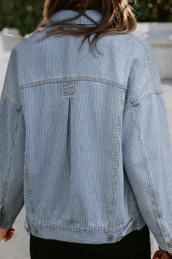 Hot Dear-Lover Washed Oversize Pocketed Denim Jacket Sky Blue Stripe