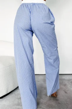 Hot Dear-Lover Wide Leg Buttoned Lace up Elastic High Waist Pants Sky Blue Stripe