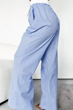 Hot Dear-Lover Wide Leg Buttoned Lace up Elastic High Waist Pants Sky Blue Stripe