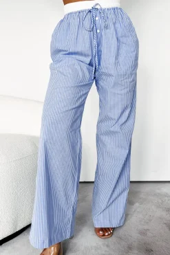 Hot Dear-Lover Wide Leg Buttoned Lace up Elastic High Waist Pants Sky Blue Stripe
