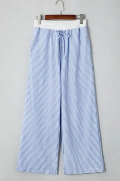 Hot Dear-Lover Wide Leg Buttoned Lace up Elastic High Waist Pants Sky Blue Stripe