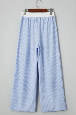 Hot Dear-Lover Wide Leg Buttoned Lace up Elastic High Waist Pants Sky Blue Stripe