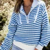 Best Dear-Lover Zip up Collar Drop Shoulder Sweater Sky Blue Stripe