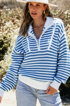 Best Dear-Lover Zip up Collar Drop Shoulder Sweater Sky Blue Stripe