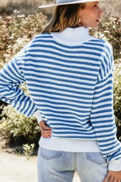 Best Dear-Lover Zip up Collar Drop Shoulder Sweater Sky Blue Stripe