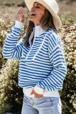 Best Dear-Lover Zip up Collar Drop Shoulder Sweater Sky Blue Stripe