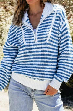 Best Dear-Lover Zip up Collar Drop Shoulder Sweater Sky Blue Stripe