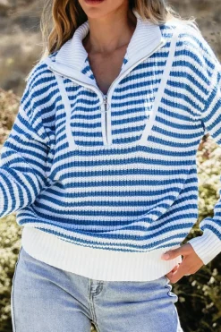 Best Dear-Lover Zip up Collar Drop Shoulder Sweater Sky Blue Stripe