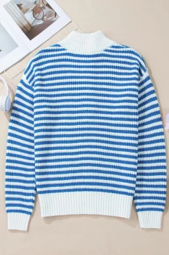 Best Dear-Lover Zip up Collar Drop Shoulder Sweater Sky Blue Stripe