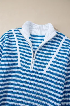 Best Dear-Lover Zip up Collar Drop Shoulder Sweater Sky Blue Stripe