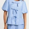 Fashion Dear-Lover Striped Bowknot Detail Puffy Sleeve Top and Shorts 2Pcs Set Sky Blue