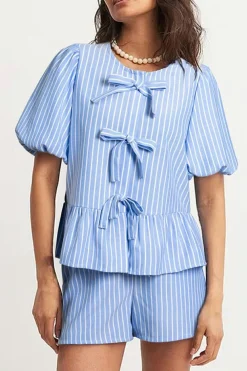 Fashion Dear-Lover Striped Bowknot Detail Puffy Sleeve Top and Shorts 2Pcs Set Sky Blue