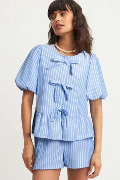 Fashion Dear-Lover Striped Bowknot Detail Puffy Sleeve Top and Shorts 2Pcs Set Sky Blue