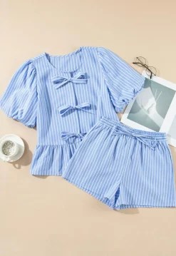 Fashion Dear-Lover Striped Bowknot Detail Puffy Sleeve Top and Shorts 2Pcs Set Sky Blue