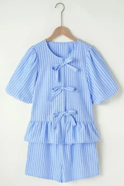 Fashion Dear-Lover Striped Bowknot Detail Puffy Sleeve Top and Shorts 2Pcs Set Sky Blue