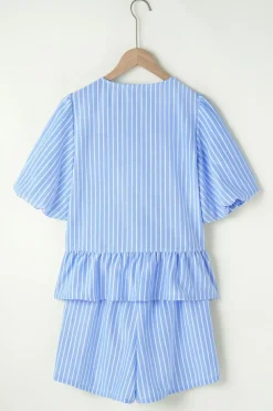 Fashion Dear-Lover Striped Bowknot Detail Puffy Sleeve Top and Shorts 2Pcs Set Sky Blue