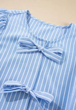 Fashion Dear-Lover Striped Bowknot Detail Puffy Sleeve Top and Shorts 2Pcs Set Sky Blue
