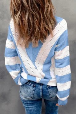 Discount Dear-Lover Striped Colorblock V Neck Knitted Sweater Sky Blue