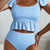 Clearance Dear-Lover Striped Ruffled Shoulder Peplum Top 2 Piece Tankinis Sky Blue