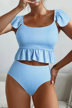 Clearance Dear-Lover Striped Ruffled Shoulder Peplum Top 2 Piece Tankinis Sky Blue