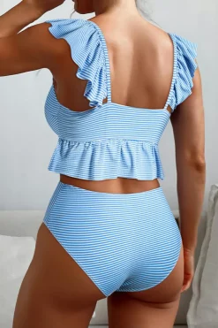 Clearance Dear-Lover Striped Ruffled Shoulder Peplum Top 2 Piece Tankinis Sky Blue