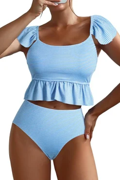Clearance Dear-Lover Striped Ruffled Shoulder Peplum Top 2 Piece Tankinis Sky Blue