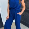 Clearance Dear-Lover Textured Knit Cap Sleeve T Shirt and Wide Leg Pants Set Sky Blue