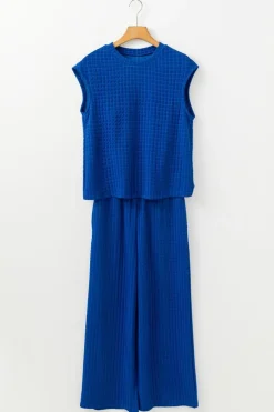 Clearance Dear-Lover Textured Knit Cap Sleeve T Shirt and Wide Leg Pants Set Sky Blue