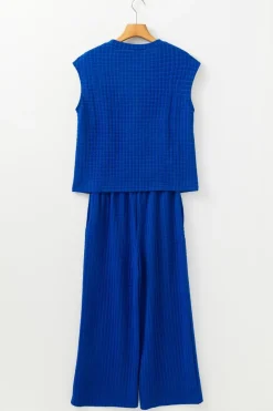 Clearance Dear-Lover Textured Knit Cap Sleeve T Shirt and Wide Leg Pants Set Sky Blue