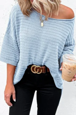 Sale Dear-Lover Textured Knit Drop Shoulder Short Sleeve Sweater Sky Blue