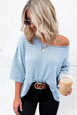 Sale Dear-Lover Textured Knit Drop Shoulder Short Sleeve Sweater Sky Blue