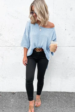 Sale Dear-Lover Textured Knit Drop Shoulder Short Sleeve Sweater Sky Blue