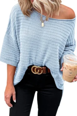 Sale Dear-Lover Textured Knit Drop Shoulder Short Sleeve Sweater Sky Blue