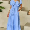 Online Dear-Lover Textured V Neck Flutter Sleeve Ruffled Maxi Dress Sky Blue