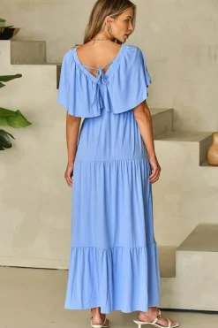 Online Dear-Lover Textured V Neck Flutter Sleeve Ruffled Maxi Dress Sky Blue