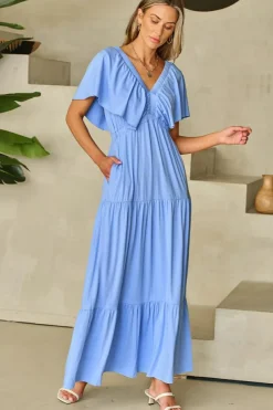 Online Dear-Lover Textured V Neck Flutter Sleeve Ruffled Maxi Dress Sky Blue