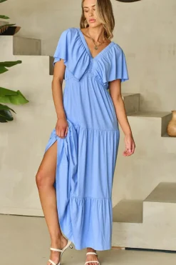 Online Dear-Lover Textured V Neck Flutter Sleeve Ruffled Maxi Dress Sky Blue