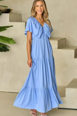 Online Dear-Lover Textured V Neck Flutter Sleeve Ruffled Maxi Dress Sky Blue